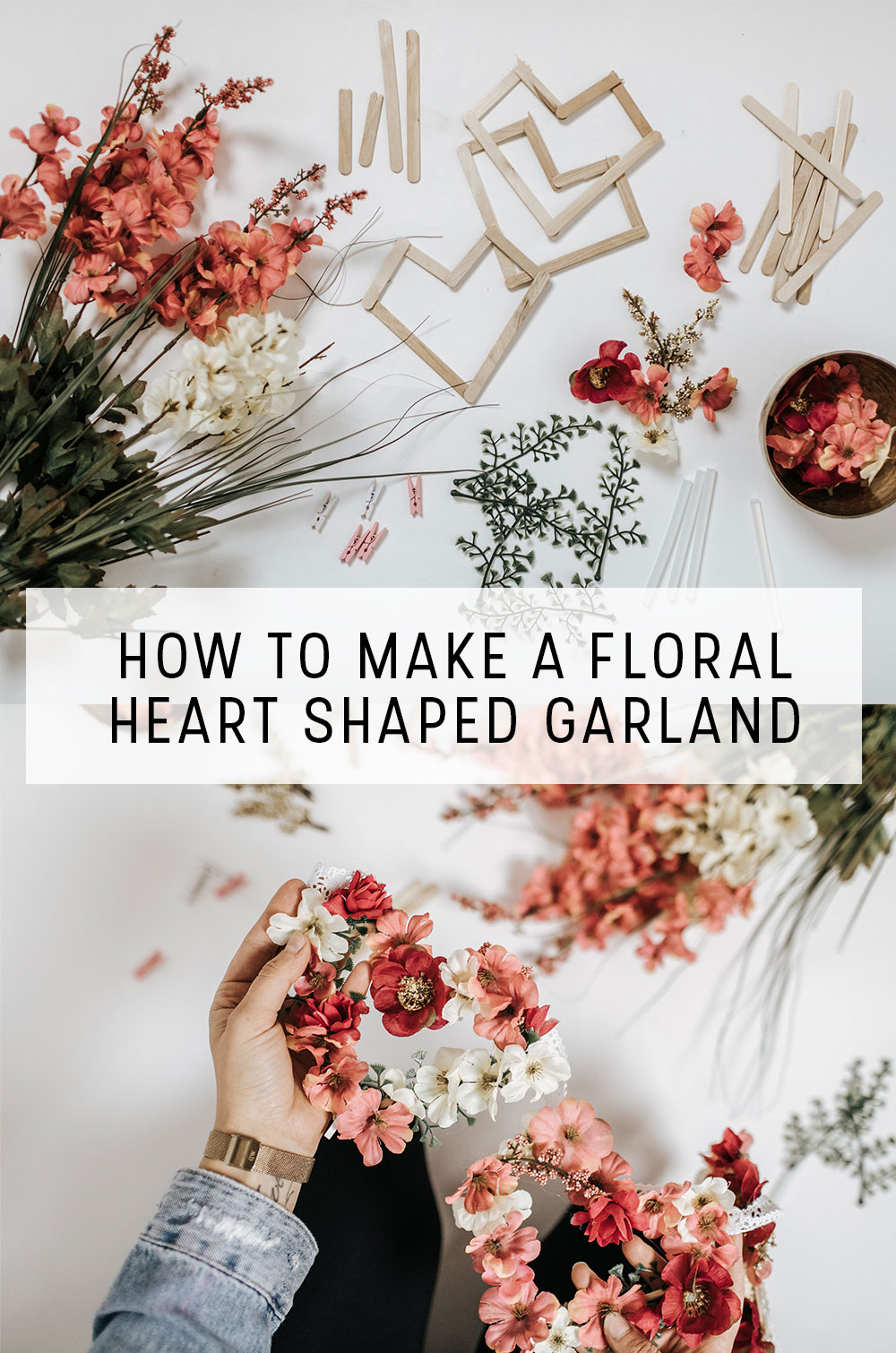 How to Make a Floral Heart Shaped Banner | Easy and Simple way to add Valentine's Day Home Decor into your home. Use popsicle sticks to make the hearts and then faux florals to create the flower heart shape. Viola floral heart shaped garland is complete.