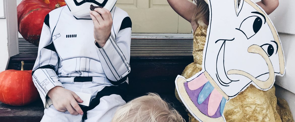 Belle and Chip from Beauty and the Beast and a Storm Trooper | Halloween Costumes 2017
