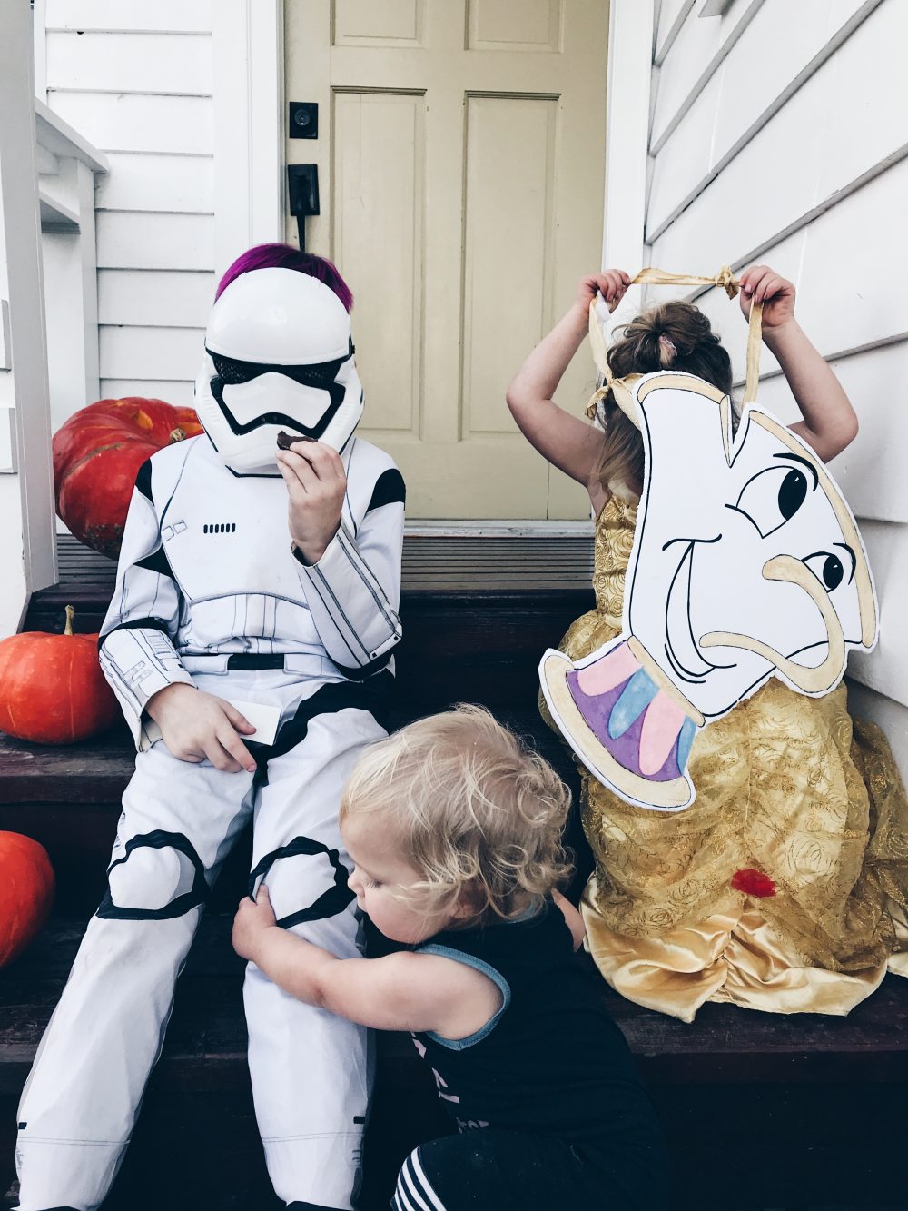 Belle and Chip from Beauty and the Beast and a Storm Trooper | Halloween Costumes 2017
