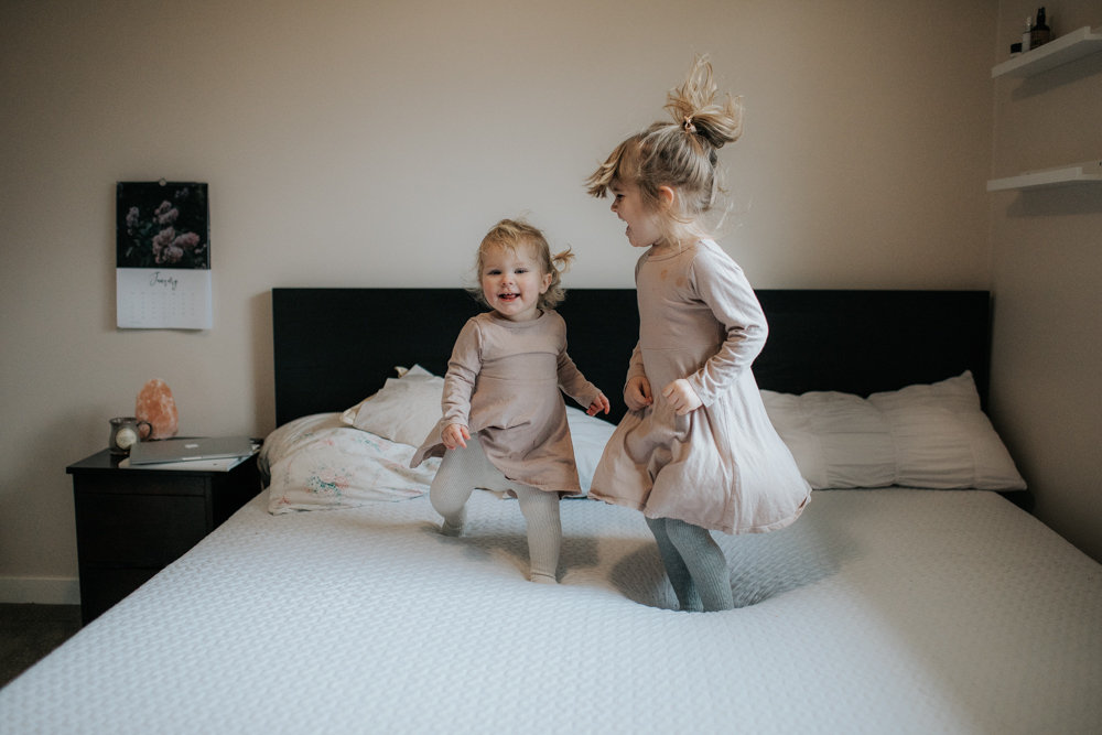 Two LIttle Monkey Jumping on the Bed | Canadian "Bed in a Box" Mattress Review // Photo by Julie Christine Photography